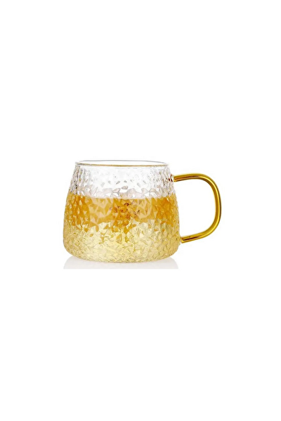 Kitchen Design Lab Ezme Dövülmüş Desen Kupa Sarı Kulplu 350 ML Cam Fincan 4 Adet