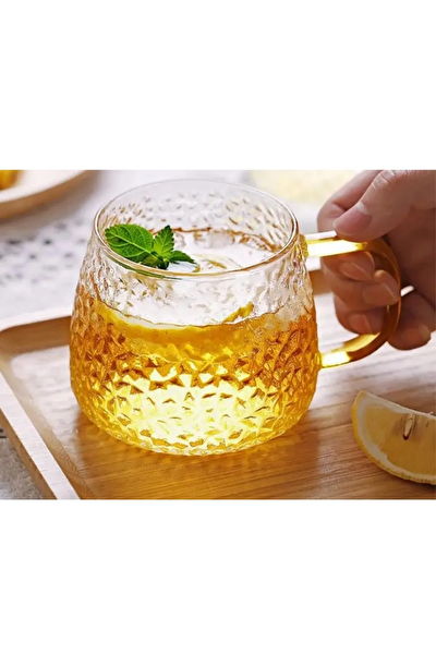 Kitchen Design Lab Ezme Dövülmüş Desen Kupa Sarı Kulplu 350 ML Cam Fincan 4 Adet