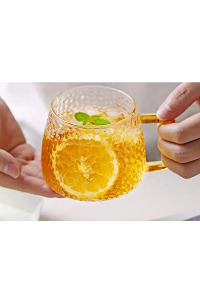 Kitchen Design Lab Ezme Dövülmüş Desen Kupa Sarı Kulplu 350 ML Cam Fincan 4 Adet