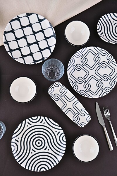 Tabak Evi Porselen Black Kahvaltı ve İkram Takımı 6 Kişilik 14 Parça TVL14KAHPRS1152