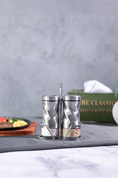 Nehir Burgulu Standlı 2 Parça Paslanmaz Çelik Baharatlık Seti