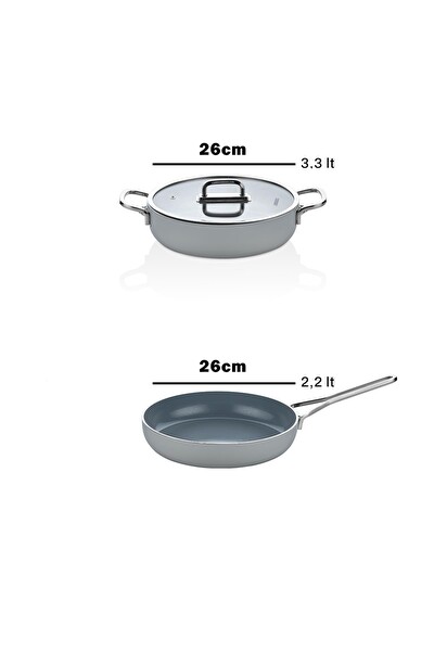 Amboss 3 Parça Sera Pratik Yanmaz Yapışmaz Seramik Basık Tencere Tava Seti 26 CM Gri