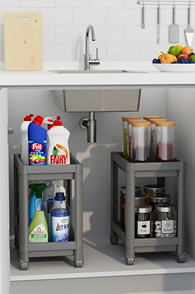 Mithra Life 2 Katlı Tekerlekli Tezgah Altı Gri Banyo Mutfak Rafı 2 Adet MIT1124