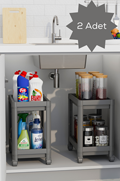Mithra Life 2 Katlı Tekerlekli Tezgah Altı Gri Banyo Mutfak Rafı 2 Adet MIT1124