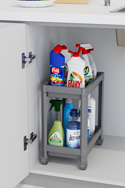 Mithra Life 2 Katlı Tekerlekli Tezgah Altı Gri Banyo Mutfak Rafı 2 Adet MIT1124