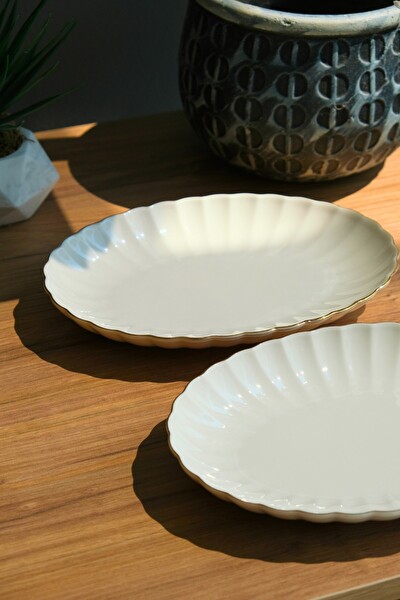 Kütahya Porselen Bone Luz Altın File Kayık Tabak 24x17 CM BNLZF24KY20 2'li
