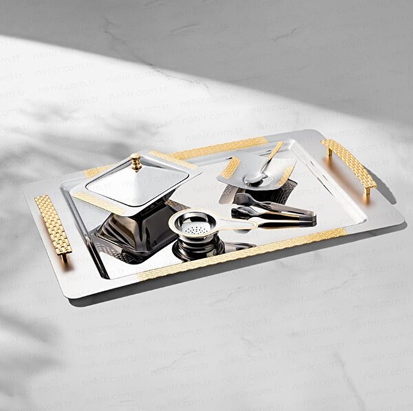 Nehir Sırma Altın Sade Çay Tepsisi
