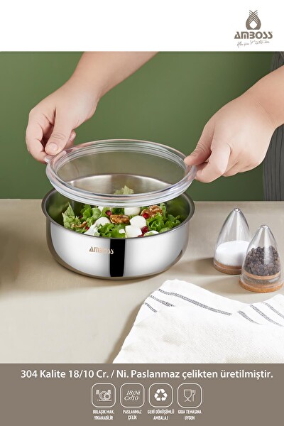 Amboss SteelBox 2 Parça Paslanmaz Çelik Şeffaf Kapaklı Saklama Kabı 18 CM