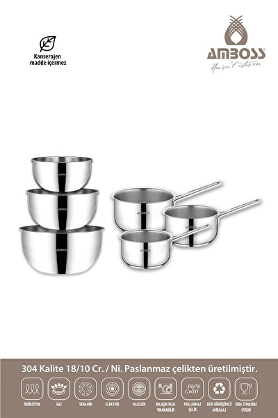 Amboss Neptün 6 Parça Paslanmaz Çelik Karıştırma Kabı Sütlük Seti