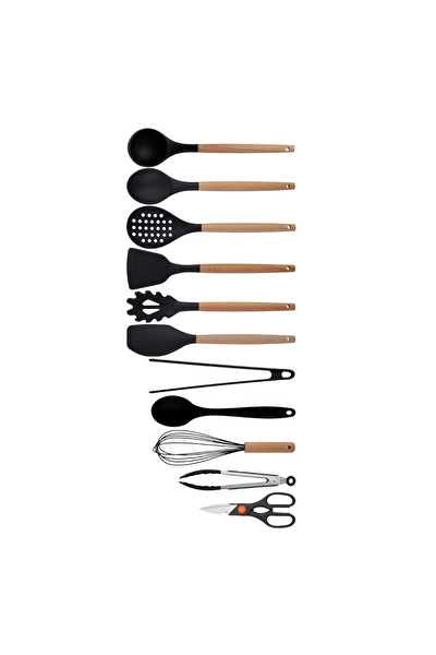 Kitchen Design Lab Bambu Silikon Mutfak Seti Kaşık Kepçe Spatula Maşa Çırpıcı Makas 11'li Siyah