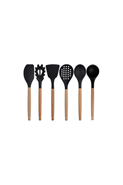 Kitchen Design Lab Bambu Silikon Mutfak Seti Kaşık Kepçe Spatula Maşa Çırpıcı Makas 11'li Siyah