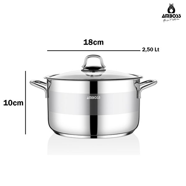 Amboss Saphire Paslanmaz Çelik 18 CM Cam Kapaklı Derin Tencere