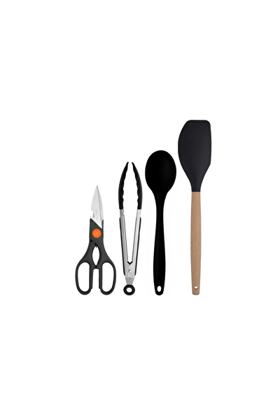 Kitchen Design Lab Siyah Bambu Silikon Kepçe Kaşık Kevgir Makarna 2 Spatula Makas Silikon Kaşık Metal Maşa Seti