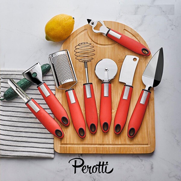 Perotti Pratik Mutfak Aletleri Spatula Açacak Çırpıcı Rende Seti 8 Parça Kırmızı