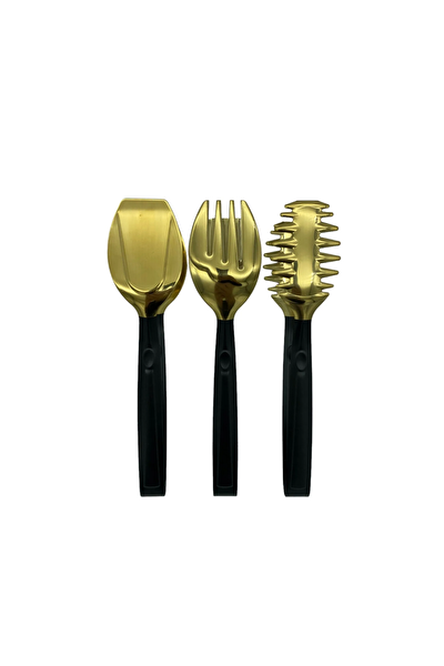 Kitchen Design Lab Lüks 3 Parça Gold Siyah Paslanmaz Çelik Makarna Salata Pasta Maşa Seti
