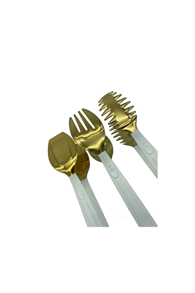 Kitchen Design Lab Lüks 3 Parça Beyaz Gold Paslanmaz Çelik Servis Sunum Makarna Salata Pasta Maşa Seti
