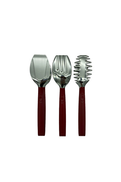 Kitchen Design Lab Lüks 3 Parça Gümüş Kırmızı 18/10 Paslanmaz Çelik Makarna Salata Pasta Maşası Seti