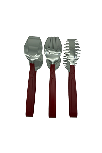 Kitchen Design Lab Lüks 3 Parça Gümüş Kırmızı 18/10 Paslanmaz Çelik Makarna Salata Pasta Maşası Seti