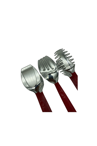 Kitchen Design Lab Lüks 3 Parça Gümüş Kırmızı 18/10 Paslanmaz Çelik Makarna Salata Pasta Maşası Seti