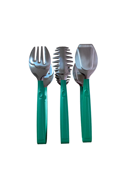 Kitchen Design Lab Lüks 3 Parça Gümüş Yeşil Paslanmaz Çelik Makarna Salata Pasta Maşa Seti