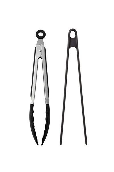 Kitchen Design Lab Silikon Uçlu Siyah Metal Kızartma Maşası ve Büyük Boy Komple Silikon Maşa Takımı
