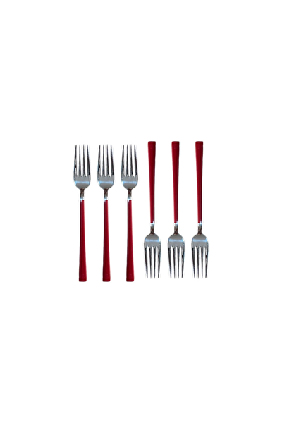 Kitchen Design Lab Parlak Gümüş Kırmızı Tatlı Çatal Kaşık Seti 12 Adet