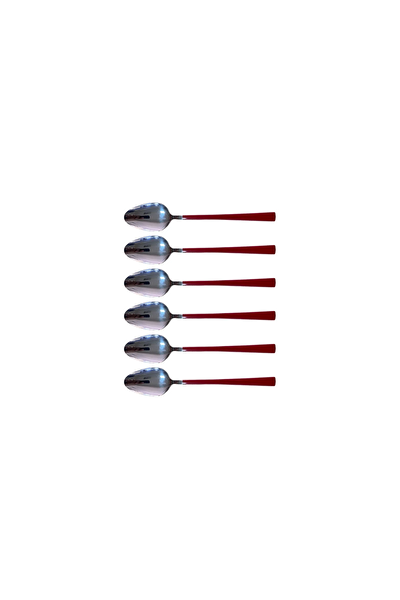 Kitchen Design Lab Parlak Gümüş Kırmızı Tatlı Çatal Kaşık Seti 12 Adet