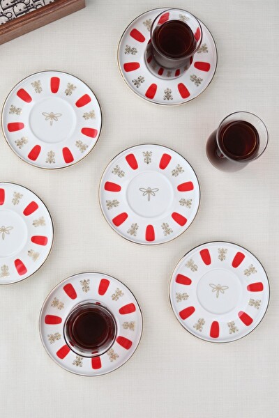 Tabak Evi Porselen Acem Zade Kırmızı Çay Tabağı 12.5 CM - 6'lı