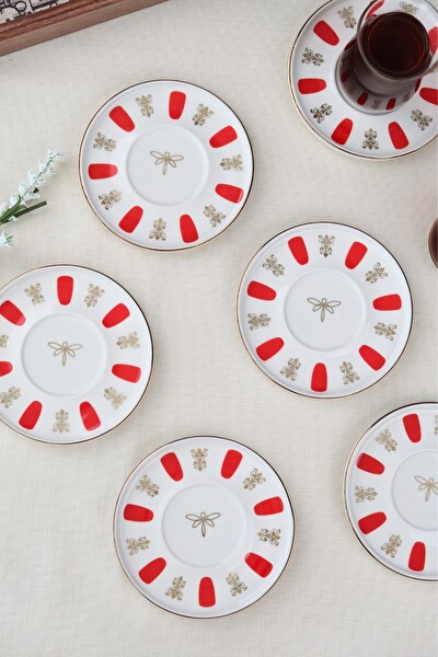 Tabak Evi Porselen Acem Zade Kırmızı Çay Tabağı 12.5 CM - 6'lı