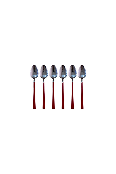 Kitchen Design Lab Parlak Gümüş Kırmızı Pasta Tatlı Çatal Kaşık Çay Kaşığı Seti 18 Adet