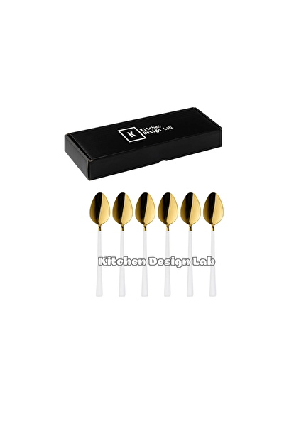 Kitchen Design Lab Parlak Gold Beyaz Tatlı Dondurma Kaşığı Seti Paslanmaz Çelik Kutulu 6 Adet
