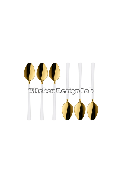 Kitchen Design Lab Parlak Gold Beyaz Tatlı Dondurma Kaşığı Seti Paslanmaz Çelik Kutulu 6 Adet