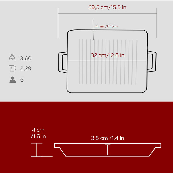 Lava Döküm Dikdörtgen Hibrit Izgara Tavası Döküm Demir Yekpare Çift Kulplu Ölçü 26x32 CM Bordo