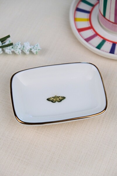 Tabak Evi Kelebek Altın Yaldızlı Dikdörtgen Kayık Tabak 10x7x2 CM Tekli
