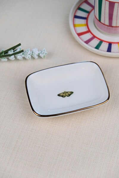 Tabak Evi Kelebek Altın Yaldızlı Dikdörtgen Kayık Tabak 10x7x2 CM Tekli