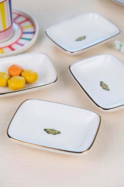 Tabak Evi Kelebek Altın Yaldızlı Dikdörtgen Kayık Tabak 10x7x2 CM 4'lü