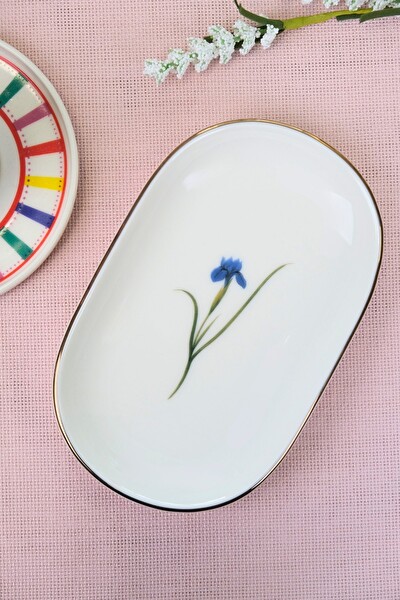 Tabak Evi Porselen Natura İris Altın Yaldızlı Oval Kayık Tabak 18x11x2.5 CM Tekli