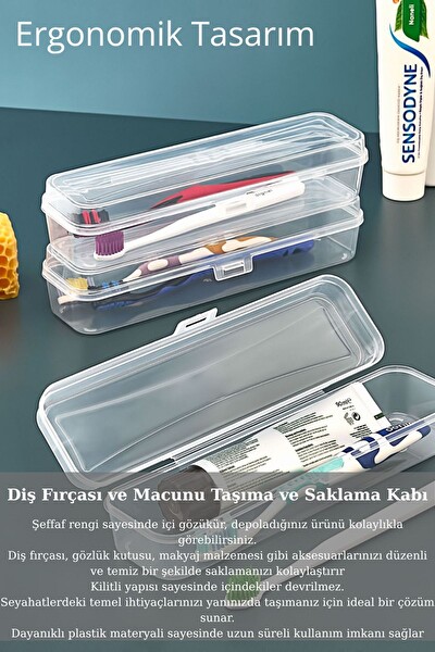 Mithra Life 3 Adet Diş Fırçası Aksesuar Makyaj Seyahat Şeffaf Plastik Saklama Kutusu MIT1238