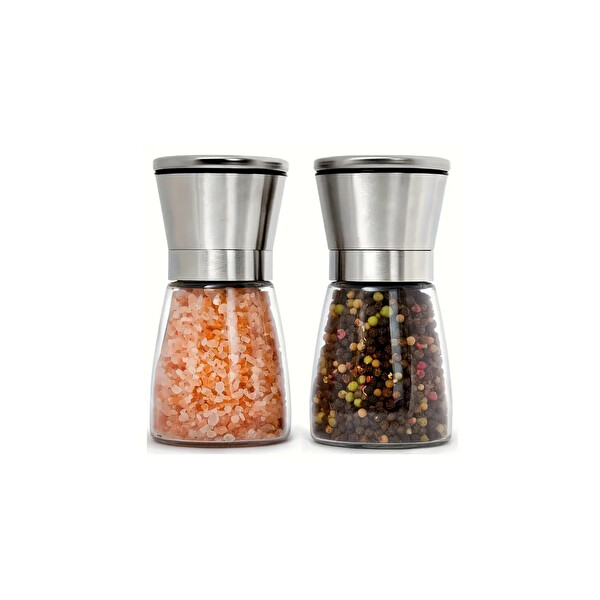 Mithra Life 2'li Set Metal Krom Kapaklı Cam Tuz Karabiber Değirmeni Tuzluk Biberlik MIT1244