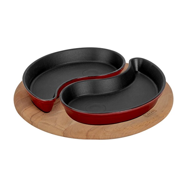 Lava Döküm Damla Formlu 2'li Set Yingyang Fajita Tabağı Kayın Servis Ahşabı Ölçü 10x20 CM LV FT YING YANG BR