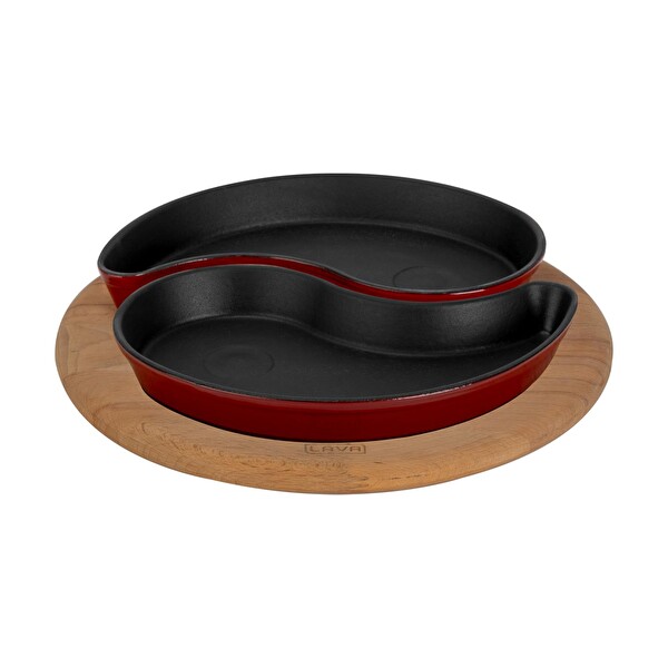 Lava Döküm Damla Formlu 2'li Set Yingyang Fajita Tabağı Kayın Servis Ahşabı Ölçü 10x20 CM LV FT YING YANG BR