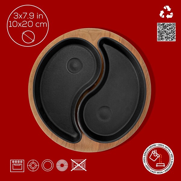 Lava Döküm Damla Formlu 2'li Set Yingyang Fajita Tabağı Kayın Servis Ahşabı Ölçü 10x20 CM LV FT YING YANG BR