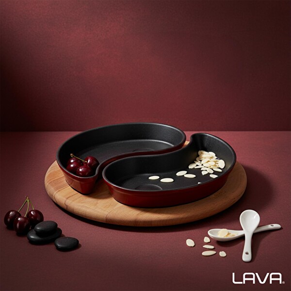 Lava Döküm Damla Formlu 2'li Set Yingyang Fajita Tabağı Kayın Servis Ahşabı Ölçü 10x20 CM LV FT YING YANG BR