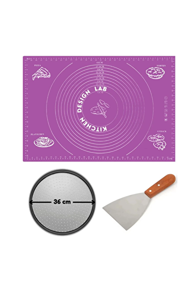Kitchen Design Lab Mor Hamur Açma Matı 45 X 65 CM 36 CM Pizza Tepsisi Ve Ahşap Uzun Saplı Hamur ve Pizza Kesici