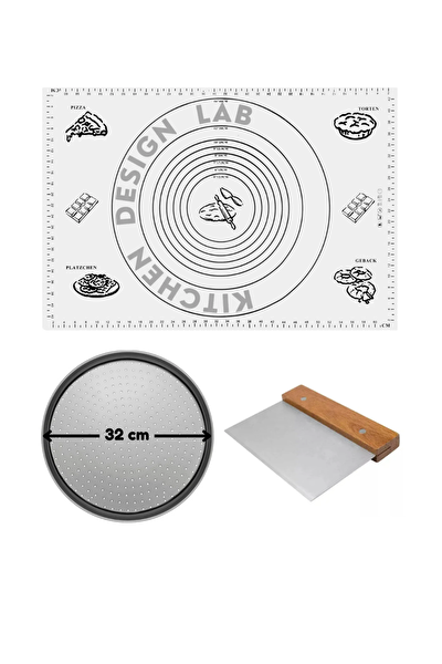 Kitchen Design Lab Beyaz Silikon Hamur Matı 45x65 CM 32 CM Pizza Tepsisi ve Ahşap Saplı Kesici Seti