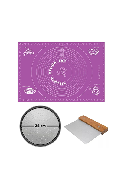 Kitchen Design Lab Mor Silikon Hamur Matı 45x65 CM 32 CM Pizza Tepsisi ve Ahşap Saplı Kesici Seti