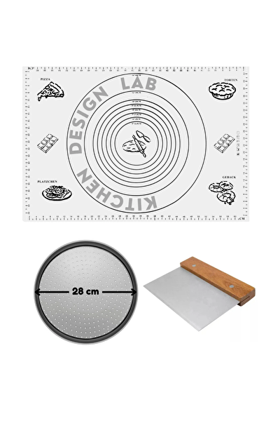 Kitchen Design Lab Beyaz Silikon Hamur Açma Matı 45 X 65 CM 28 CM Pizza Tepsisi Ve Ahşap Saplı Hamur ve Pizza Kesici