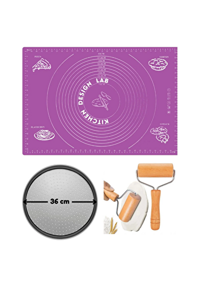 Kitchen Design Lab Mor Silikon Hamur Açma Matı 45 X 65 CM 36 CM Pizza Tepsisi Ve Ahşap Saplı Hamur Açıcı