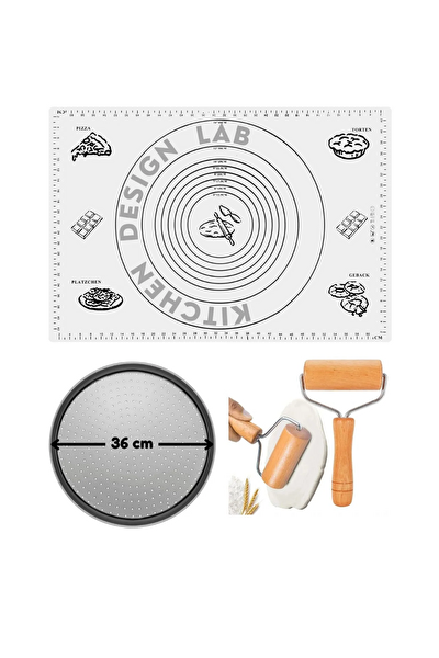Kitchen Design Lab Beyaz Silikon Hamur Açma Matı 45 X 65 CM 36 CM Pizza Tepsisi Ve Ahşap Saplı Hamur Açıcı