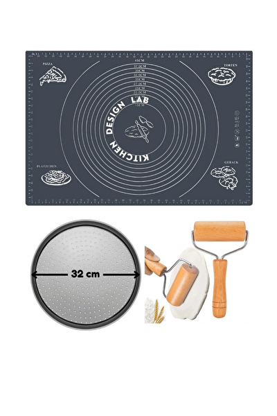 Kitchen Design Lab Gri Silikon Hamur Açma Matı 45 X 65 CM 32 CM Pizza Tepsisi Ve Ahşap Saplı Hamur Açıcı